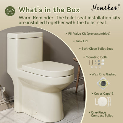 1-Piece 1.1/1.6 GPF Dual Flush Compact Round Toilet in Biscuit Soft Close Seat Included