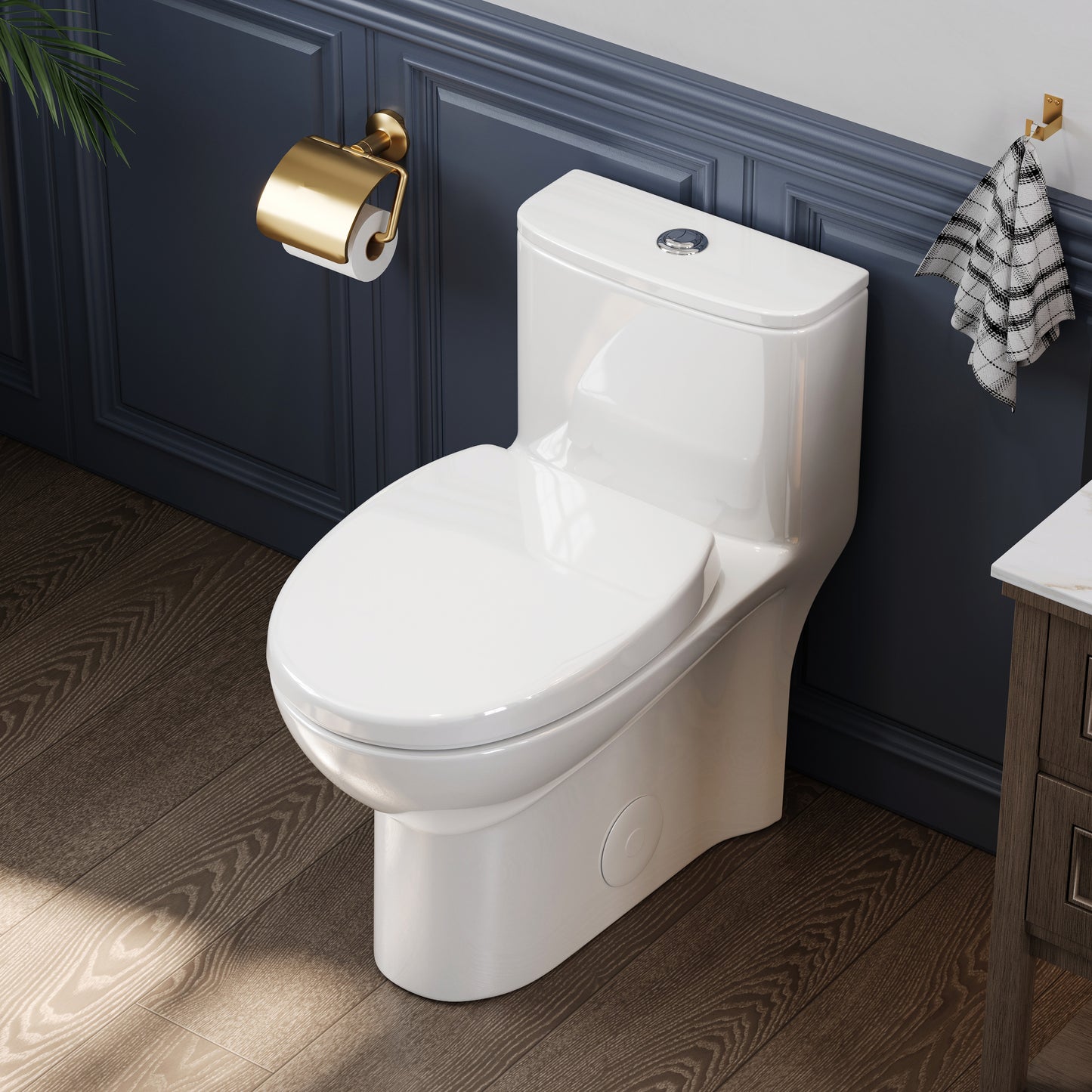 1-Piece 1.1/1.6 GPF Dual Flush Compact Elongated WaterSense Toilet in White Soft Close Seat Included