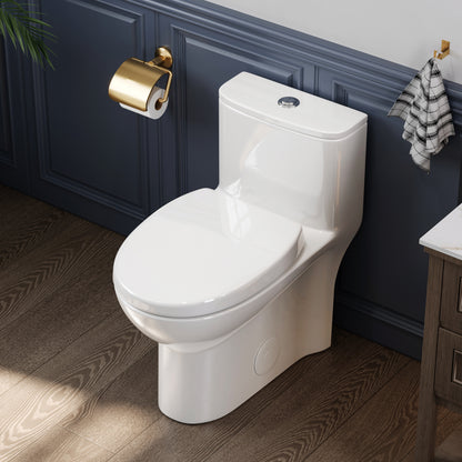 1-Piece 1.1/1.6 GPF Dual Flush Compact Elongated WaterSense Toilet in White Soft Close Seat Included