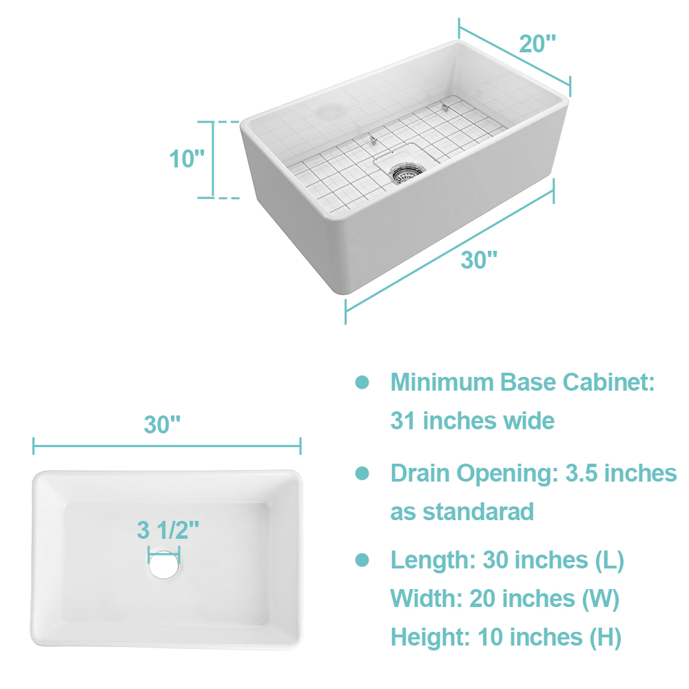 White Fireclay 30 in. x 20 in. Farmhouse Apron Front Single Bowl Kitchen Sink with Bottom Grid and Strainer