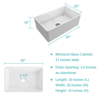 White Fireclay 30 in. x 20 in. Farmhouse Apron Front Single Bowl Kitchen Sink with Bottom Grid and Strainer