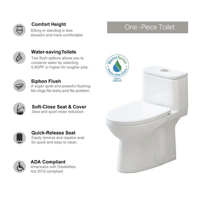 One-Piece 1.1/1.6 GPF Dual Flush Elongated Toilet in White Seat Included, WaterSense Toilet