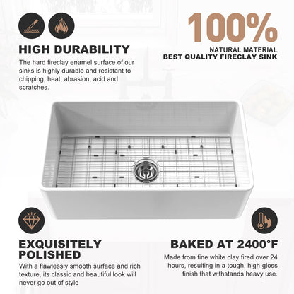 White Fireclay 30 in. x 20 in. Farmhouse Apron Front Single Bowl Kitchen Sink with Bottom Grid and Strainer