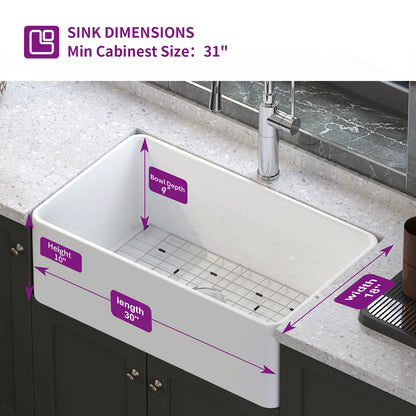 Farmhouse Apron-Front Fireclay 30 in. Single Bowl Workstation Kitchen Sink with Bottom Grid and Strainer in White